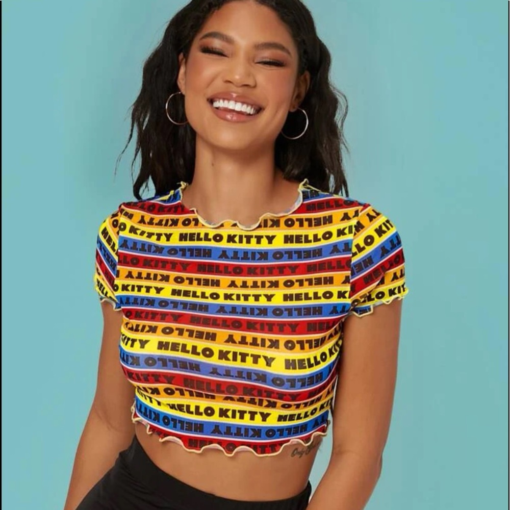 SHEIN X Hello Kitty and Friends Colorful Letter Graphic Lettuce Trim Sheer Top